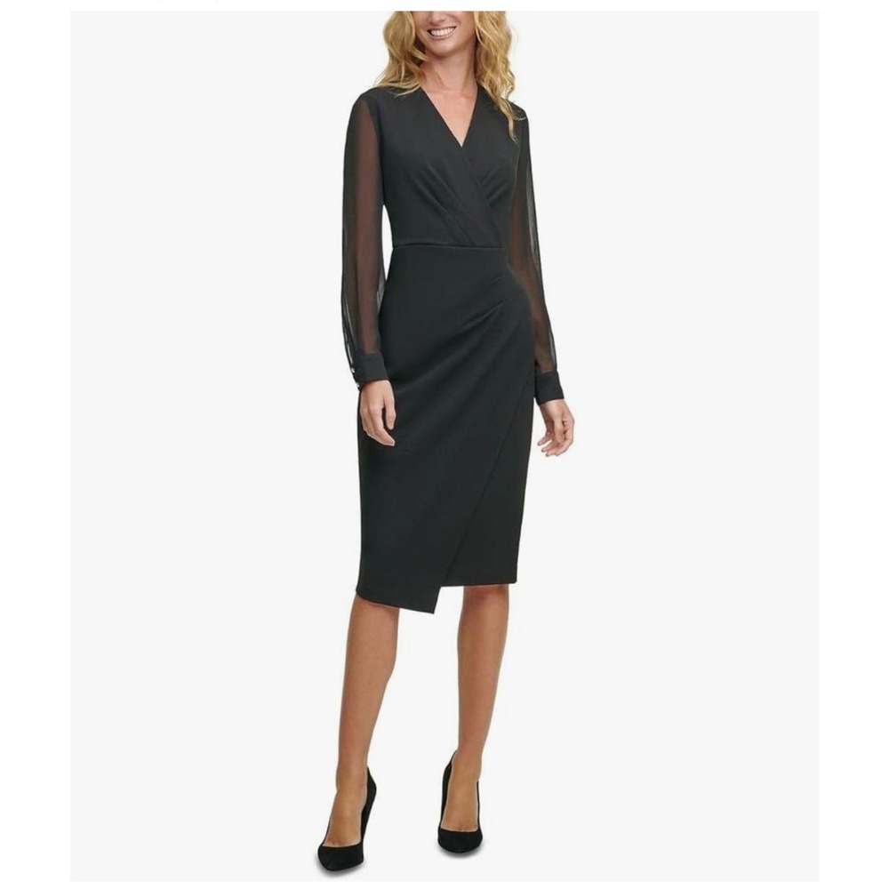 NWT Tommy Hilfiger‎ Scuba Little Black Sheer Long Sleeve Wrap Midi Dress Size 8